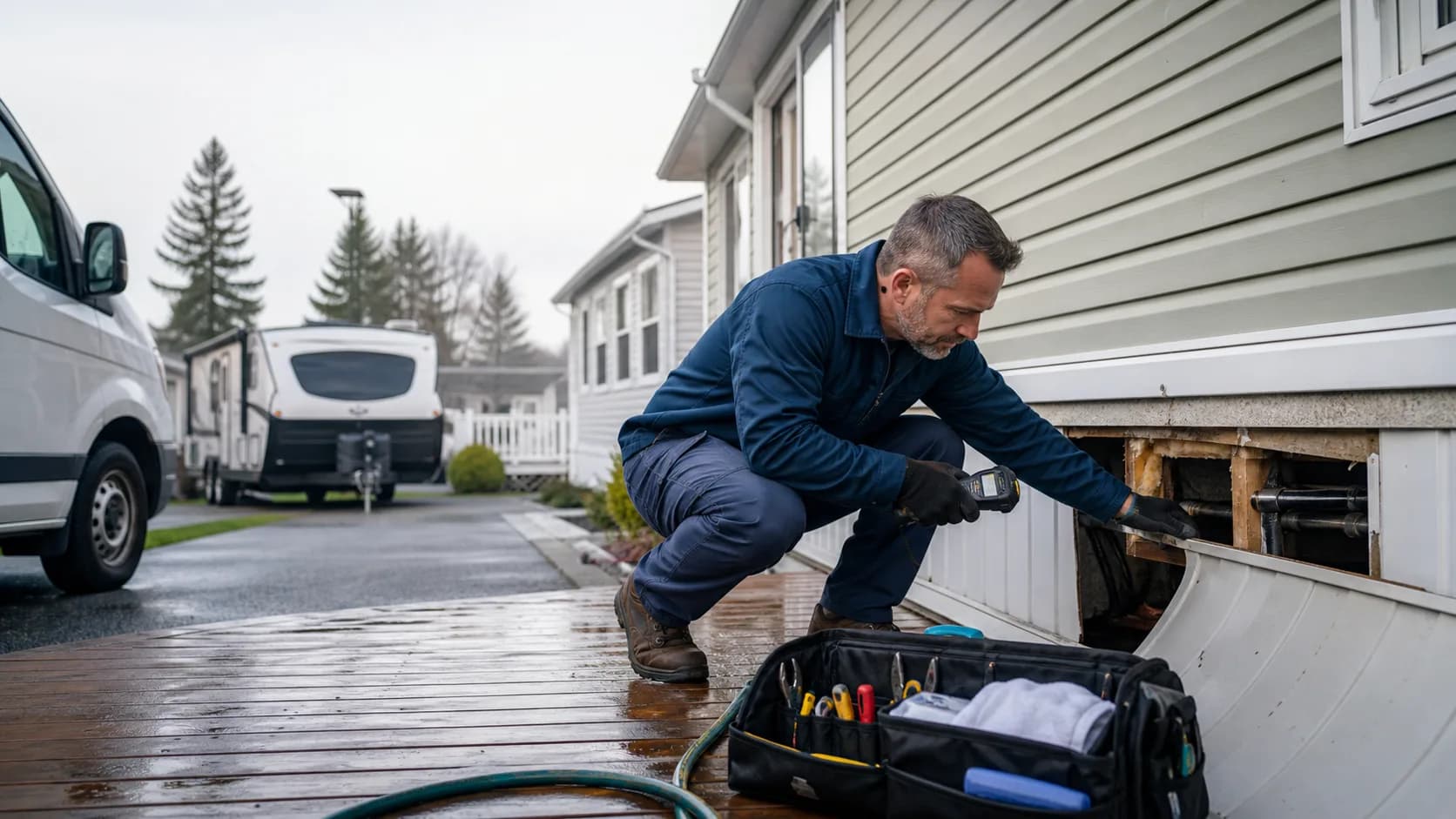 Technician inspecting mobile home plumbing access after a water leak